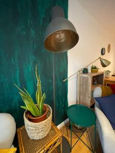 una habitación con una mesa con una planta y una lámpara en Cosy Modern Apartment in Portobello, en Dublín