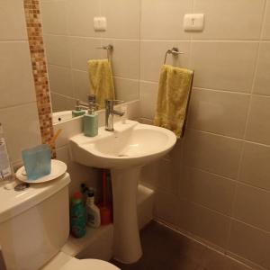 y baño con lavabo y aseo. en Departamento Pacifico, en La Serena