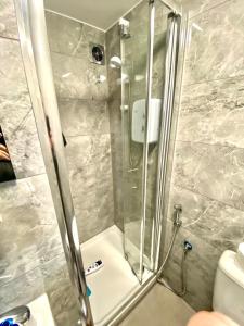 a shower with a glass door in a bathroom at One Bed Studio with Free private Car Park in London in London