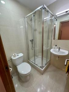 Un baño con ducha, inodoro y lavabo. en Little Horse apartments 1, en Tarragona