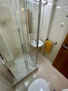 uma casa de banho com um chuveiro, um WC e um lavatório. em Little Horse apartments 1 em Tarragona