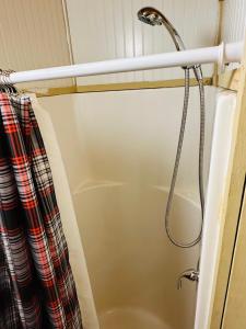 a shower in a bathroom with a shower curtain at Acorn Hideaways Canton Gold Panner Bunkhouse King Bed in Canton