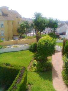 エステポナにある2 bedrooms appartement at Estepona 800 m away from the beach with shared pool and furnished balconyのヤシの木と歩道のある庭園の景色