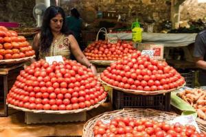 una mujer de pie junto a cestas de tomates en un mercado en Lux - Palace Apartment Trou Aux Biches en Trou aux Biches