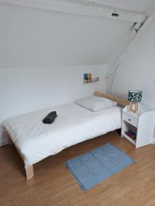 a bedroom with a white bed and a blue rug at Duplex de 65 m2, Cœur de Bonneval in Bonneval
