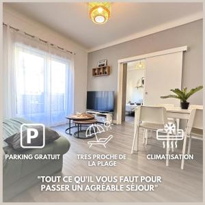 a living room with a bed and a table at Paradis - Hyper Centre, a deux pas de la Mer ! in Canet-en-Roussillon