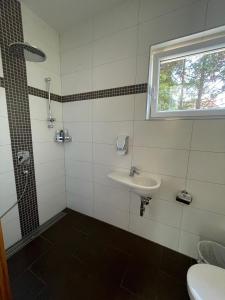 ein Bad mit einem Waschbecken und einer Dusche in der Unterkunft „1. SALZBURG work & sleep luxury apartment“ für arbeiten & wohnen ! in Salzburg