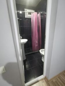 a bathroom with a toilet and a pink shower curtain at Apartment on Lado Asatiani in Batumi