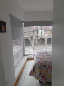 ein Schlafzimmer mit einem Bett und einem großen Fenster in der Unterkunft La casa de kiki Departamento excelente ubicación in Godoy Cruz