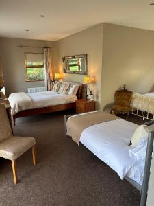 a hotel room with two beds and a chair at Dunhill Cottage B&B in Hillsborough