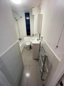 a white bathroom with a toilet and a sink at Stylish apartment in city centre in Oxford