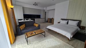 a bedroom with a bed and a couch and a table at Swiss Apartment 8 in Braşov