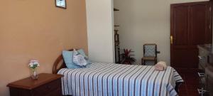 a bedroom with a bed with blue pillows on it at Alquiler Temporal Bonita Casa Jardín Cochabamba in Cochabamba