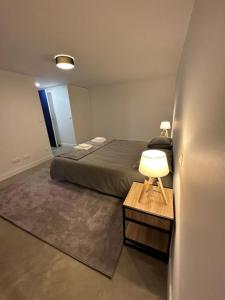 ein Schlafzimmer mit einem Bett und einem Tisch mit einer Lampe in der Unterkunft Maison Villa à proximité du zoo de Thoiry in Arnouville-lès-Mantes