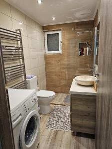 uma casa de banho com uma máquina de lavar roupa e um WC em Angeliki's Villa em Aghia Marina