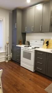 a kitchen with a white stove and gray cabinets at Tina's place in Ottawa