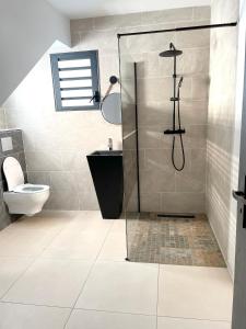 ein Bad mit einer Dusche und einem WC in der Unterkunft Villa de 3 chambres avec jardin clos et wifi a Bras Panon in Bras-Panon