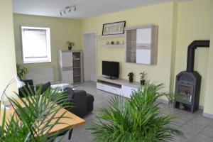 a living room with a tv and a fireplace at Ferienapartment Schlosser in Diez