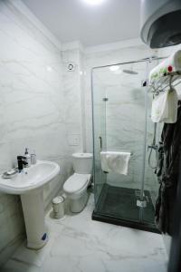 a bathroom with a shower and a toilet and a sink at Almaty City in Türkistan