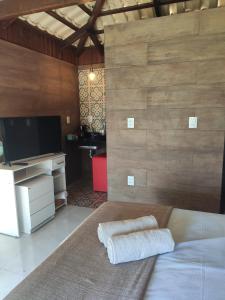 ein Wohnzimmer mit einem Bett und einem TV in der Unterkunft Espaço verales in Carmo do Cajuru