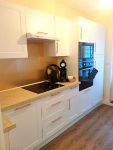 a kitchen with white cabinets and a sink and a refrigerator at Résidence Le Château in Montbéliard