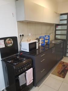 a kitchen with a stove and a microwave on a counter at Pangani Oasis Gem 2-BR Stylish Apartment in Nairobi