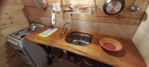 Una encimera de cocina con un fregadero y una estufa. en Cafuné Cabañita Sur, en El Bolsón