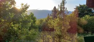 Una vista de un bosque de árboles con la puesta de sol. en Cafuné Cabañita Sur, en El Bolsón