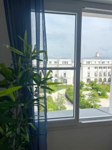 a plant in front of a window with a building at Modern Apartment Near Disneyland Paris in Serris