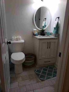 ein Badezimmer mit einem weißen WC und einem Spiegel in der Unterkunft The Lounge 