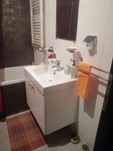 ein Badezimmer mit einem weißen Waschbecken und einer Badewanne in der Unterkunft Appartement - Manar 1 Tunis in Tunis