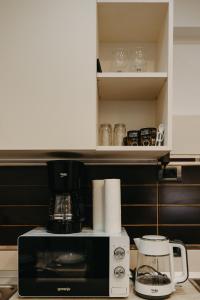 a kitchen with a coffee maker and a microwave at Augustin Apartment in Arad