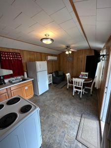 a kitchen and living room with a stove and a table at Cypress Landing Cabins 