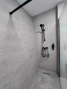a bathroom with a shower with a tile wall at Raluca cozy apartment's in Ploieşti
