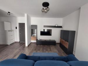 un salon avec un canapé bleu et une télévision dans l'établissement Raluca cozy apartment's, à Ploieşti