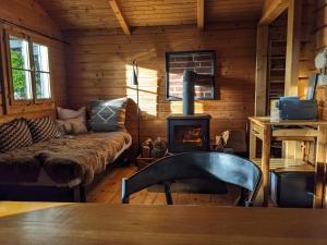 a living room with a fireplace in a log cabin at Blockhütte 35 km nördlich von Hamburg in Langeln +34 photos