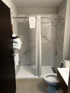 uma casa de banho com um chuveiro e um WC. em Microtel Inn by Wyndham Atlanta Airport em Atlanta