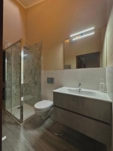 een badkamer met een wastafel, een toilet en een douche bij Appartamento Vecchia Farmacia 111 in Scarperia