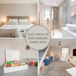 een collage van beelden van een slaapkamer en een badkamer bij 2 Bed Home - HS2, NEC, Resorts World & BHX Airport in Marston Green