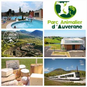 a collage of pictures of a pool and a resort at La Parent'aise un brin d'Auvergne 