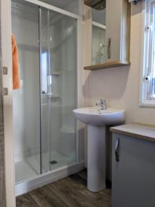 a bathroom with a shower and a sink at Beautiful Pet Friendly Southerness Caravan With Sea View & Decking Area in Mainsriddle