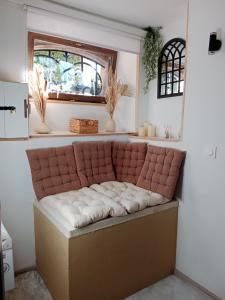 - un canapé dans le coin d'une pièce dans l'établissement Pounette, appartement 2 chambres souplex villa Centre Thermes, à Luxeuil-les-Bains