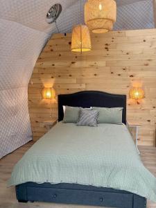 a bedroom with a bed with two lamps and two tables at Open Sky Glamping Kawartha Dome in Marmora