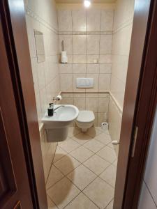a small bathroom with a toilet and a sink at RG Apartments in Šamorín