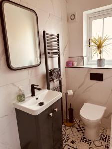 a bathroom with a sink and a mirror and a toilet at The Ely Retreat in Ely