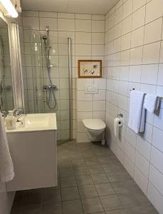 a bathroom with a sink and a toilet and a shower at Charming Rorbu Stamsund Lofoten in Stamsund