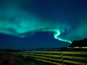 an aurora in the sky over a fence and the ocean at Charming Rorbu Stamsund Lofoten in Stamsund