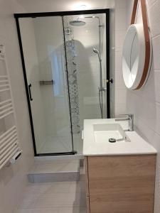 ein Bad mit einer Dusche und einem weißen Waschbecken in der Unterkunft Le Bulotier in Granville