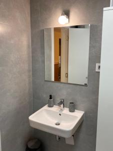 Un baño con un lavabo blanco y un espejo. en Vrtovi Ceraka, en Belgrado 14 fotos más