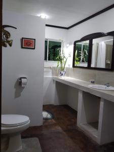 a bathroom with a toilet and a sink and a mirror at Hospedaje Algarrobo Machalilla in Machalilla